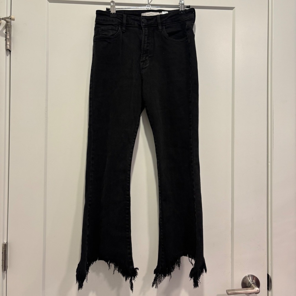 HIDDEN Mens Black Frayed Step Hem Flare Jeans Size 27 Raw Edge Denim‎